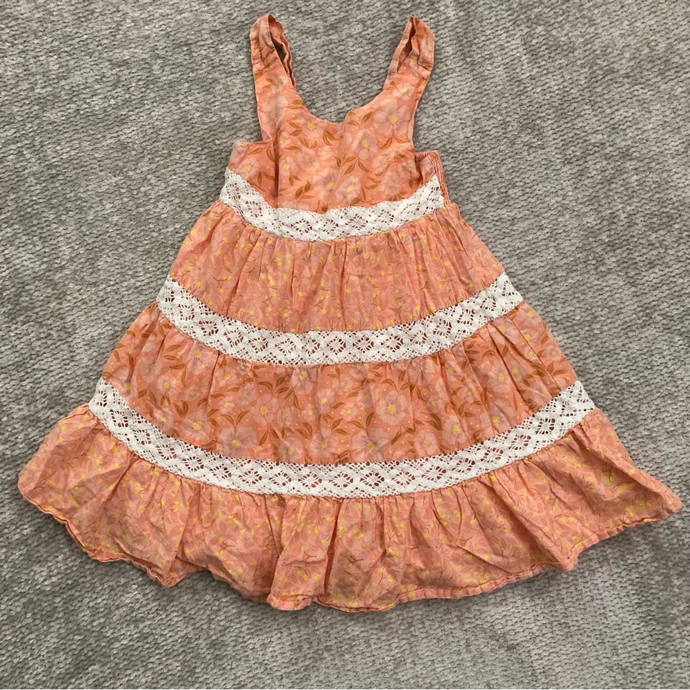 Joie Girls 5 Peach Floral Tiered Lace Boho‎ Sundress Cotton Ruffle Beach